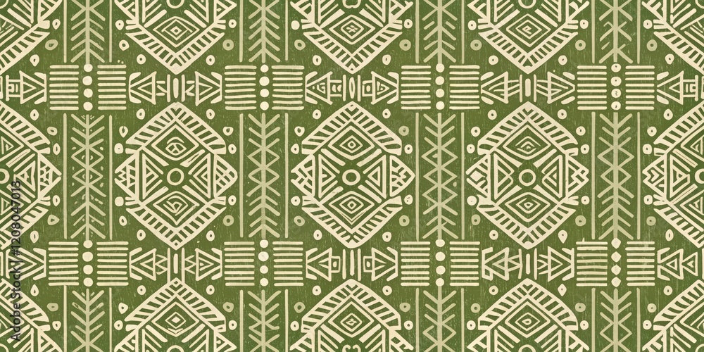 Obraz premium Olive Green and Cream Hand-Drawn Geometric Textile Pattern