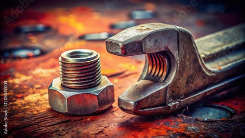 Close-up of a worn nut and bolt alongside a rusty pipe wrench on a weathered metallic surface photo