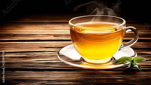 Steaming teacup on rustic wood, dark background