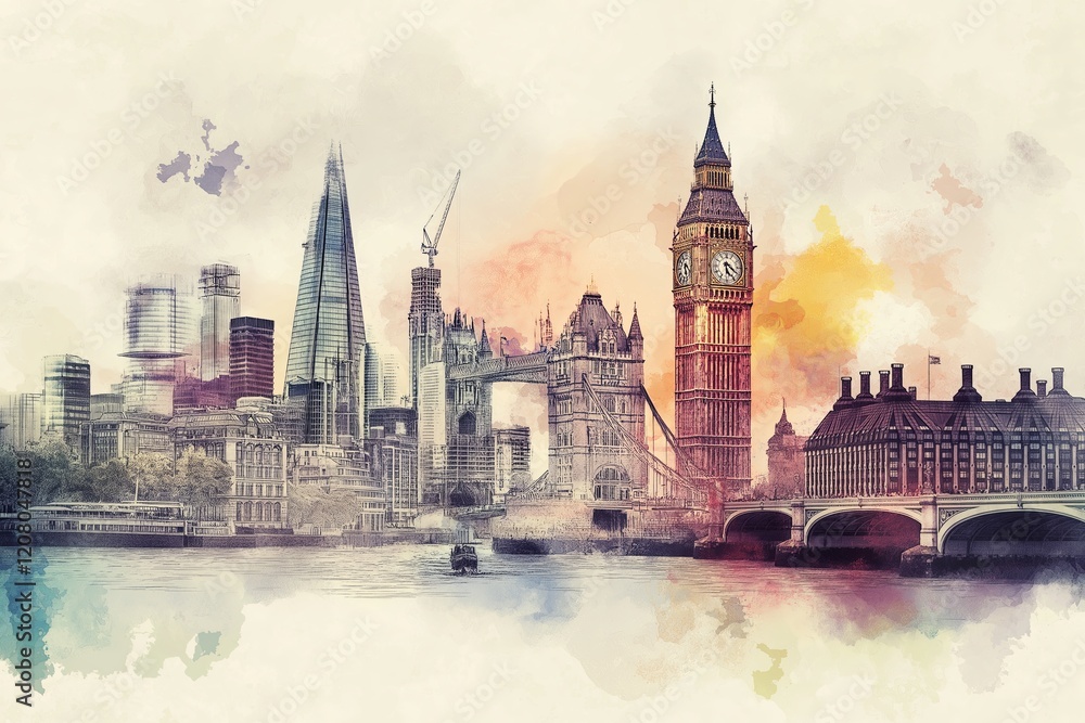 Fototapeta premium A dreamy, watercolor-style rendition of iconic city landmarks. 