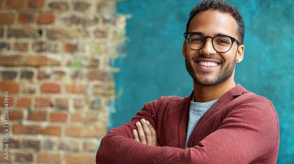 Smiling Man in Glasses with Brown Cardigan Against Brick Wall Smiling Man in Glasses with Brown Cardigan Against Brick Wall