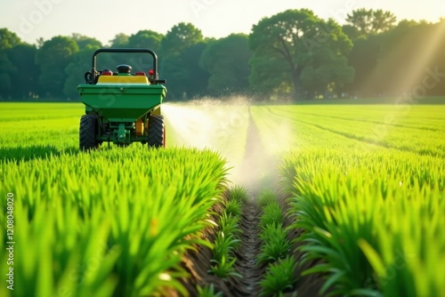 Green sprayer sprinkles water on a row of planted rice, fieldwork, farmland photo