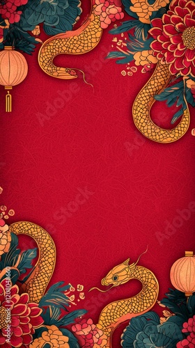 Wallpaper Mural Red background with golden snake and flowers Torontodigital.ca