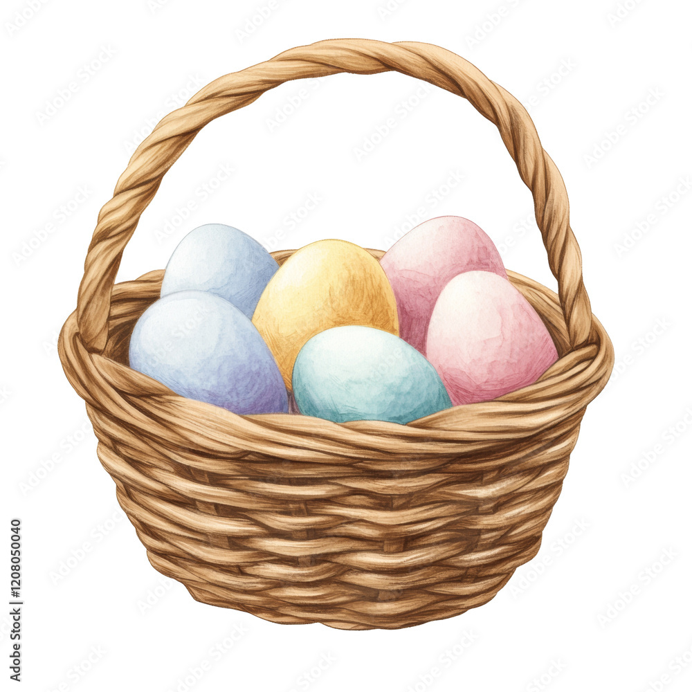 Naklejka premium A watercolor illustration depicts a brown woven basket filled with pastel-colored Easter eggs.