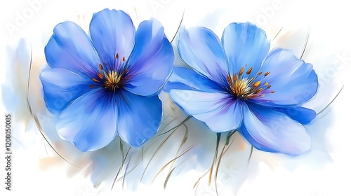Two Delicate Blue Flowers Painted In Watercolor Style
