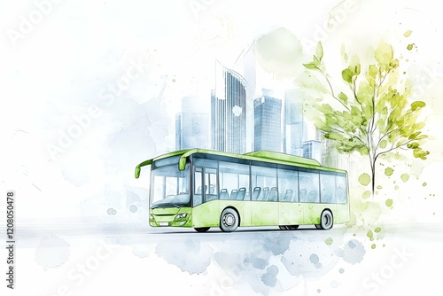 Eco-friendly green bus illustrated with watercolor effects, surrounded by a tree and modern skyscrapers, symbolizing sustainable urban transportation and environmental awareness photo