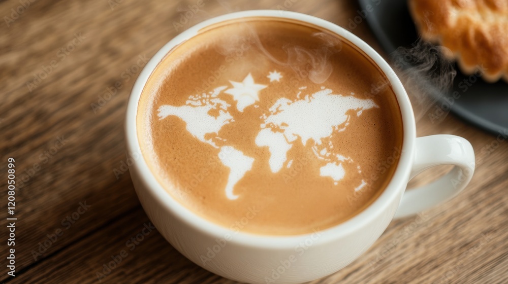 Warm world map in coffee foam invites cozy mornings at the cafe with pastry and steam rising Warm world map in coffee foam invites cozy mornings at the cafe with pastry and steam rising