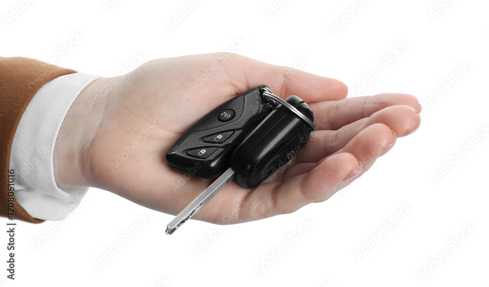 Woman with car keys on white background, closeup. Buying auto Woman with car keys on white background, closeup. Buying auto