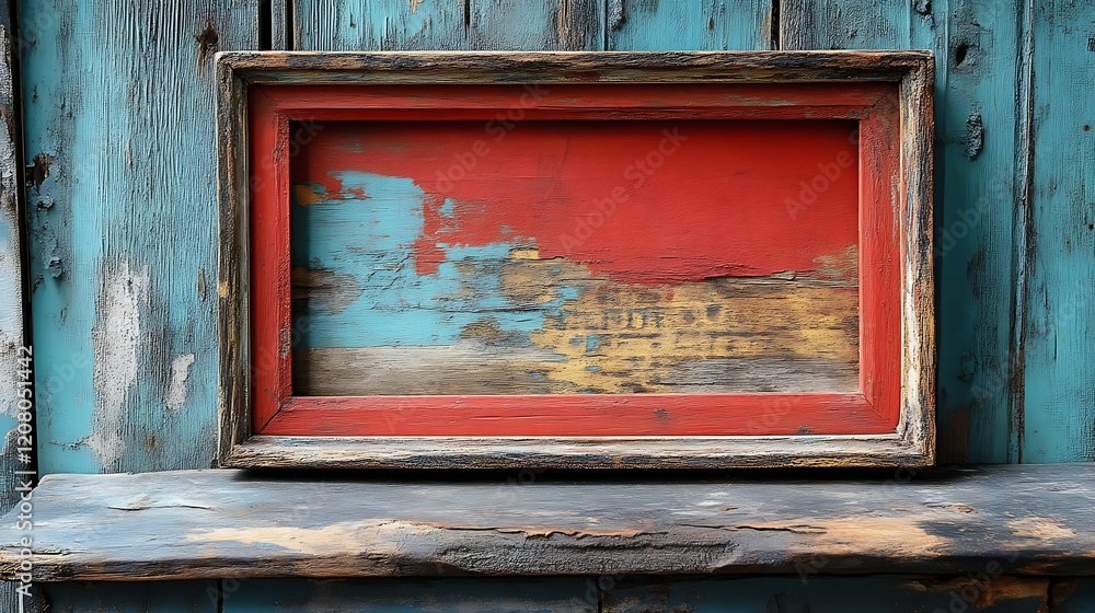 Naklejka premium Rustic Wooden Frame Against Weathered Teal Planks
