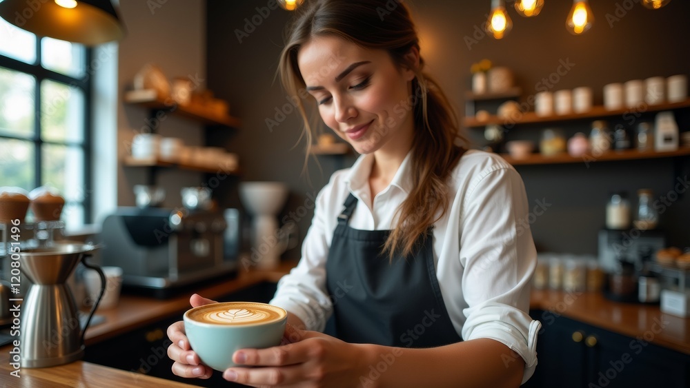 The image shows a young woman in a white shirt and black apron standing behind a counter in a coffee shop. The image shows a young woman in a white shirt and black apron standing behind a counter in a coffee shop.