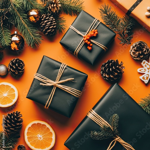 Flat-lay image of Christmas gifts and decorations on an orange backdrop. 
