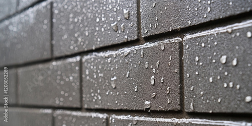 Water droplets resting on a textured brick wall surface photo