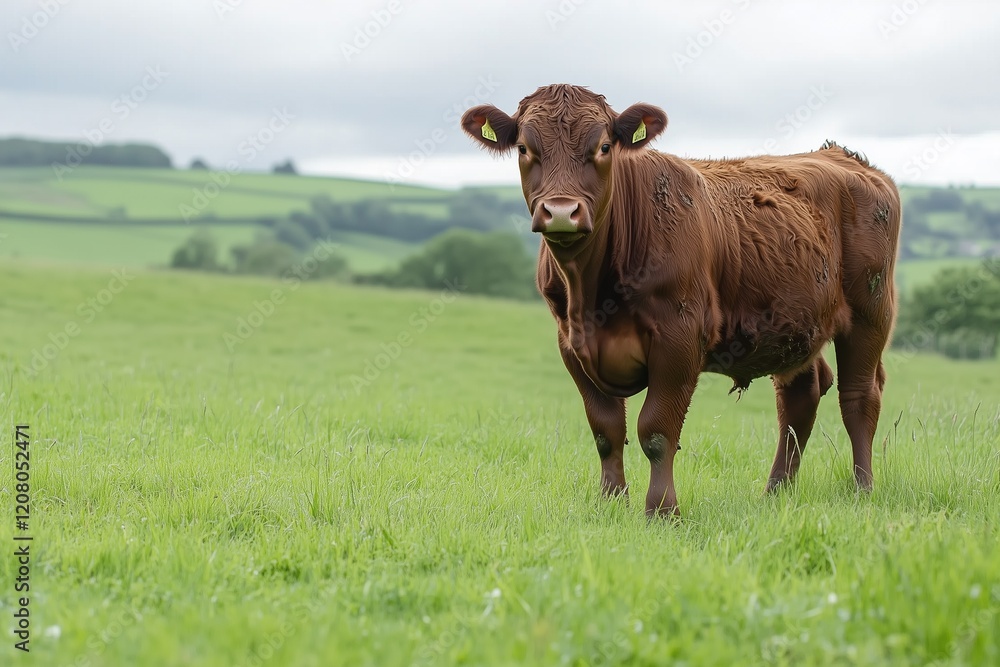 Brown cow standing in a lush green meadow. Brown cow standing in a lush green meadow.