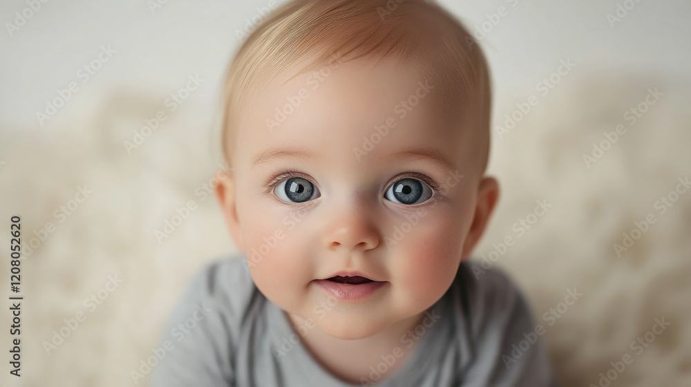 Close-up portrait of cute baby with focus on big clear grey eyes on white background Close-up portrait of cute baby with focus on big clear grey eyes on white background
