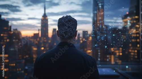 A Thoughtful Man Gazes into a City Skyline While Contemplating

