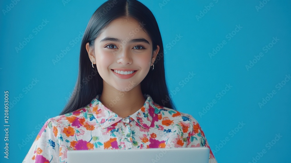 Smiling Young Woman with Laptop, Cheerful Portrait against Blue Background Smiling Young Woman with Laptop, Cheerful Portrait against Blue Background