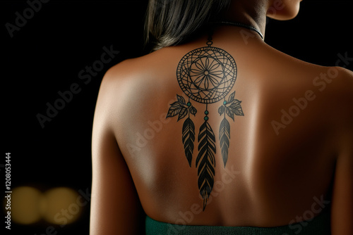 Close up of a dream catcher tattoo on a back of a woman. Intricate and elegant tattoo design  photo