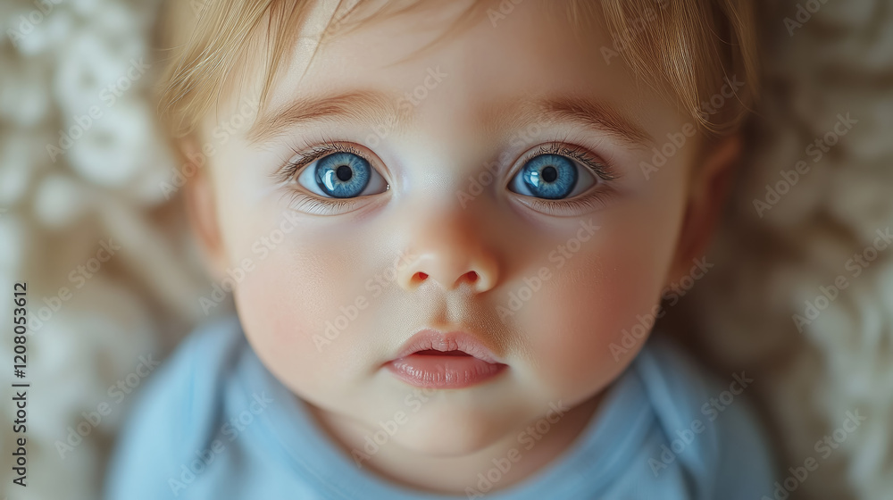 Close-up portrait of cute baby with focus on big blue clear eyes on white background Close-up portrait of cute baby with focus on big blue clear eyes on white background