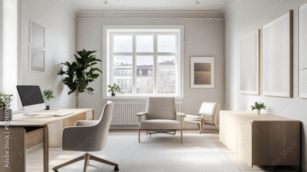 Minimalist Scandinavian Office, A serene workspace featuring light wood furniture, white walls, cozy textiles, and understated decor elements Minimalist Scandinavian Office, A serene workspace featuring light wood furniture, white walls, cozy textiles, and understated decor elements