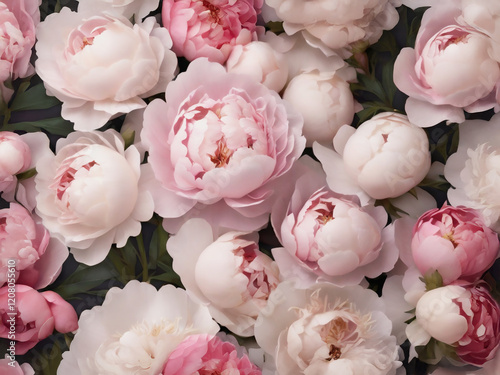 Pink white peonies flat lay top view floral background