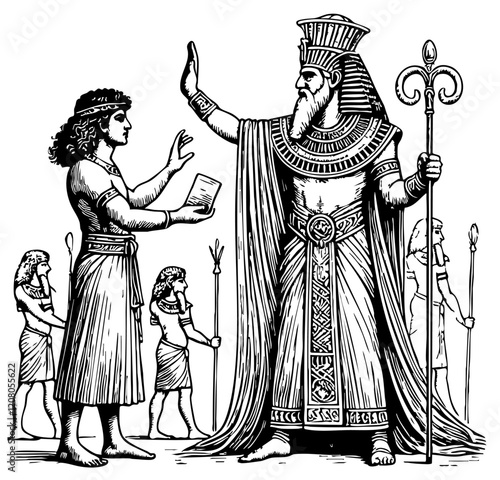 Moses Confronts Pharaoh And Rebukes Let My People Go Illustration, Bible Exodus Ink Drawing