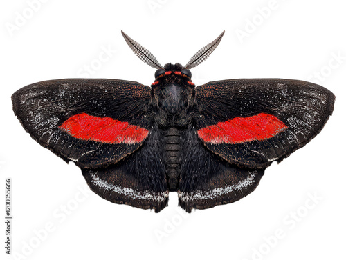 Striking red and black moth, isolated on white background. Detailed macro photography of a vibrant insect with intricate wing patterns. Perfect for nature, science, or design projects. photo