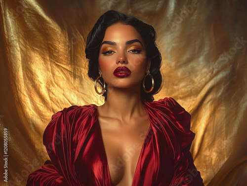 close-up of a woman’s face with bold golden highlighter and deep cherry red lips