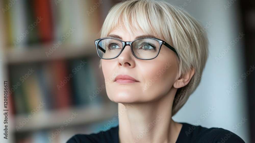 Thoughtful Woman with Glasses Looking Upward, Contemplative and Hopeful Expression Thoughtful Woman with Glasses Looking Upward, Contemplative and Hopeful Expression