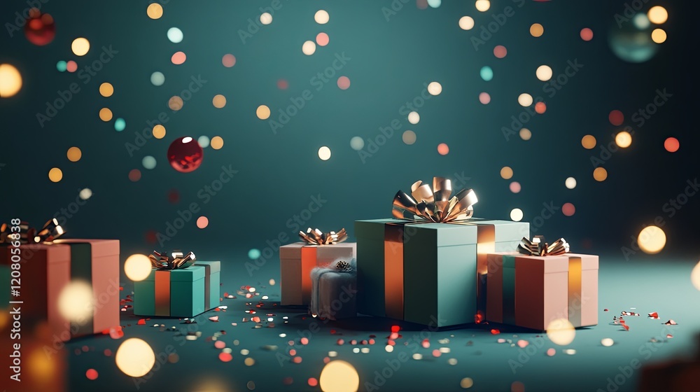A gender-neutral gift display with glowing boxes and scattered confetti, styled elegantly A gender-neutral gift display with glowing boxes and scattered confetti, styled elegantly