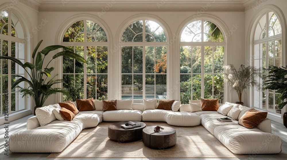 Sectional sofa in sunlit solarium overlooking garden and pool Sectional sofa in sunlit solarium overlooking garden and pool