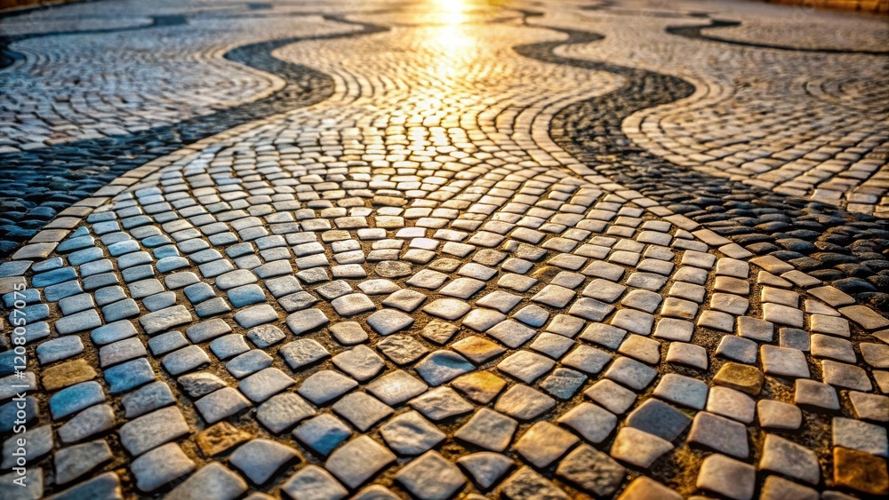 Fototapeta premium Golden Hour Cobblestone Pathway Intricate Stone Mosaic Design