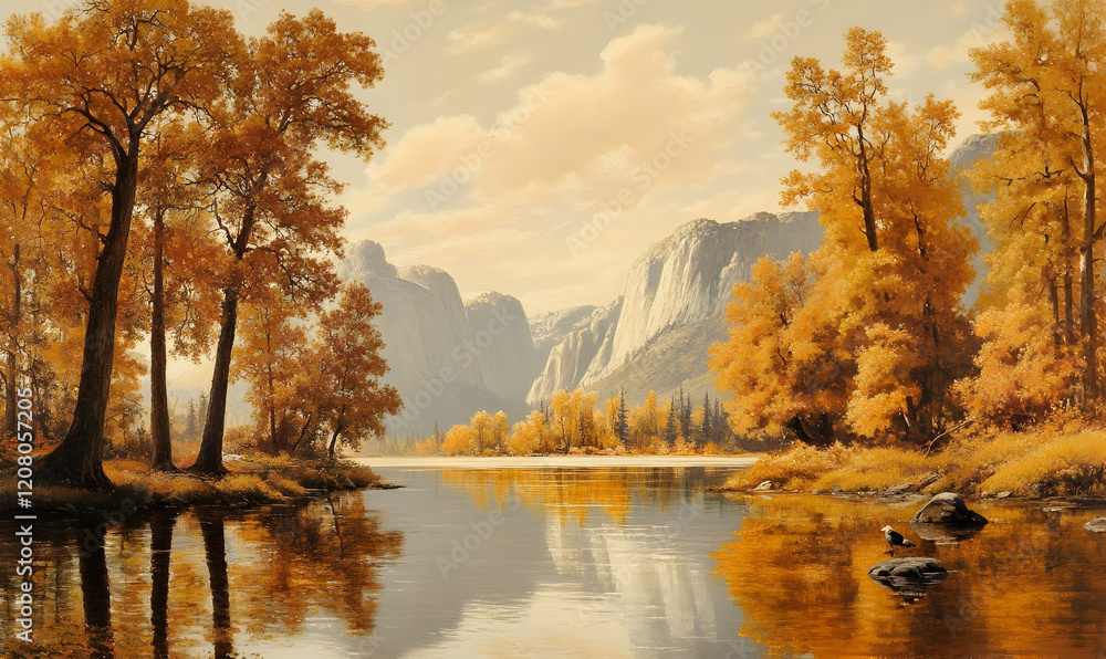 Obraz premium Autumnal valley lake reflection, peaceful scene