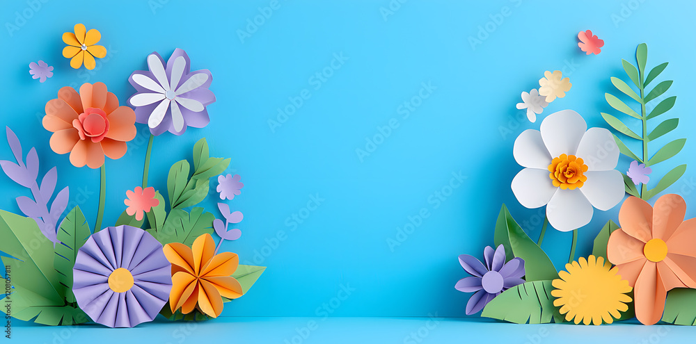Fototapeta premium Framework for congratulation with different colored blossoms flowers, in paper cut style