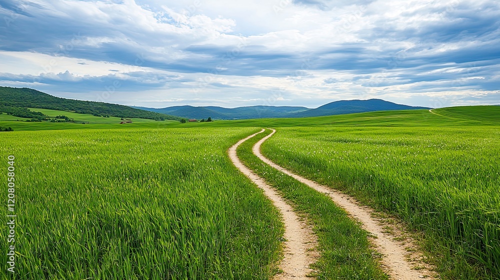 Fototapeta premium Winding path through lush green fields