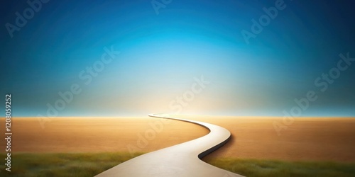 A winding concrete path leads towards a bright horizon across a flat, expansive landscape under a vast, clear sky