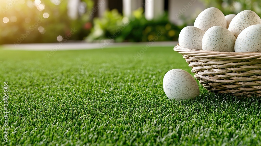 Freshly gathered eggs placed beside a wicker basket on vibrant artificial grass during a sunny afternoon in a garden setting Freshly gathered eggs placed beside a wicker basket on vibrant artificial grass during a sunny afternoon in a garden setting