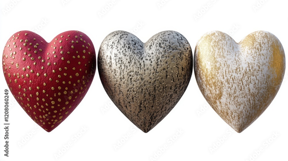 Obraz premium Three hearts are shown in a row, with one being red and the other two being gold