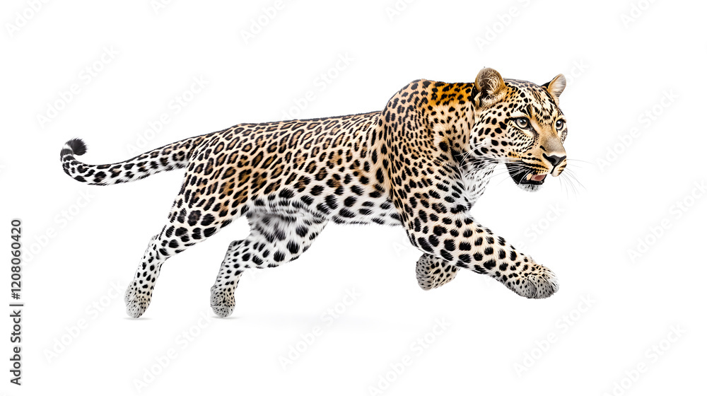 Fototapeta premium Leopard running at full speed isolated on white background