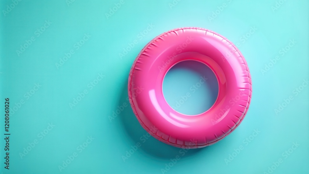 Pink inflatable ring on a teal background, perfect for summer fun and relaxation Pink inflatable ring on a teal background, perfect for summer fun and relaxation