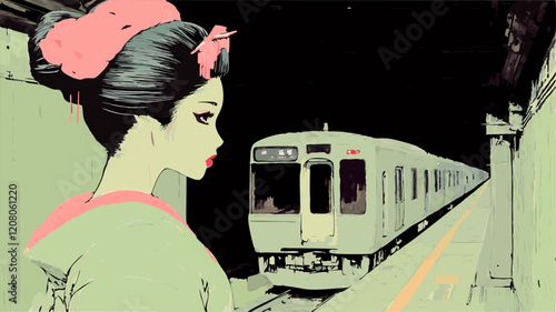 Anime style vector illustration of a geisha waiting for someone arriving by train in a subway station