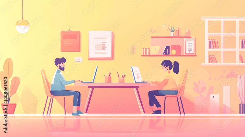 Two colleagues collaborating on project in a modern, bright office space. Pixel art style illustration of teamwork and partnership. Pastel color palette, minimalist design. Two colleagues collaborating on project in a modern, bright office space. Pixel art style illustration of teamwork and partnership. Pastel color palette, minimalist design.