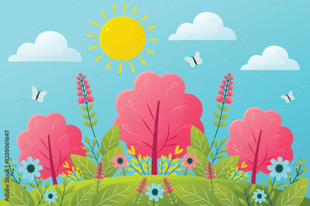 Obraz premium landscape of a blooming spring field on a sunny day flat vector illustration