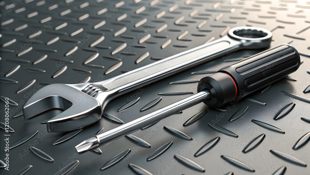 Fototapeta premium Metal tools: wrench and screwdriver on a textured steel surface