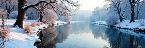 Winter river scene with bare branches and ice, stillness, tree, river