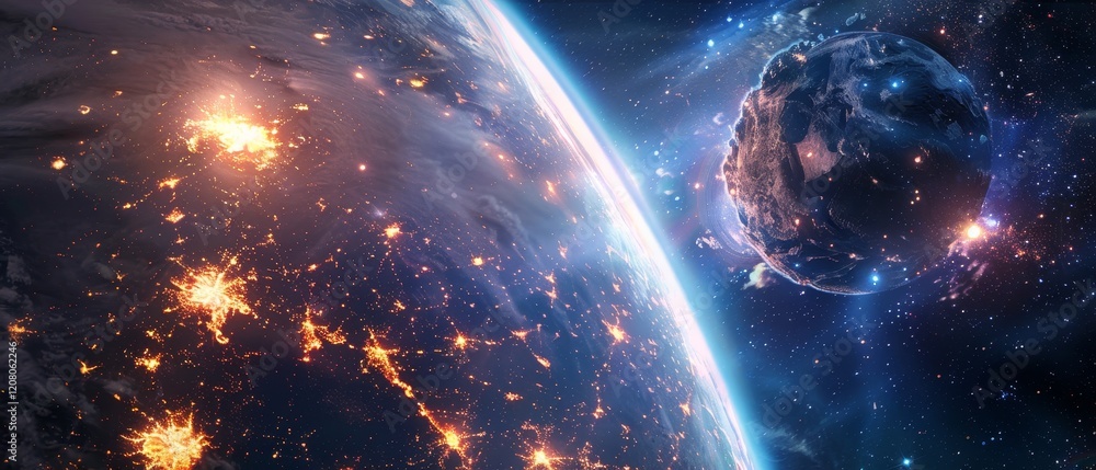 Obraz premium A breathtaking view of Earth from space, surrounded by a colorful nebula and floating asteroids.