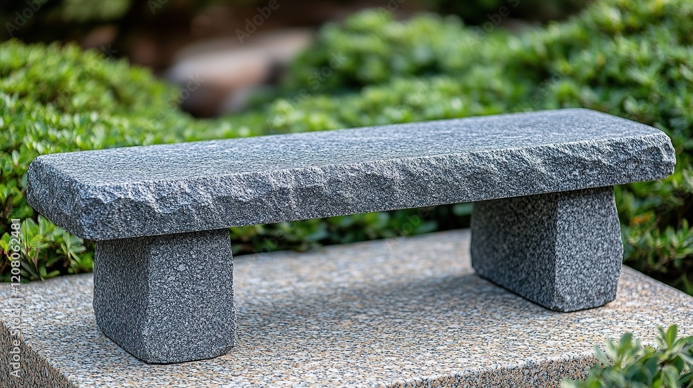 Small stone bench in garden with green bushes background, potential memorial use Small stone bench in garden with green bushes background, potential memorial use