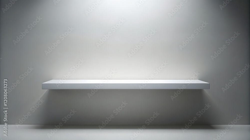 Empty white shelf against a light grey wall, ideal for product display or minimalist design showcase Empty white shelf against a light grey wall, ideal for product display or minimalist design showcase