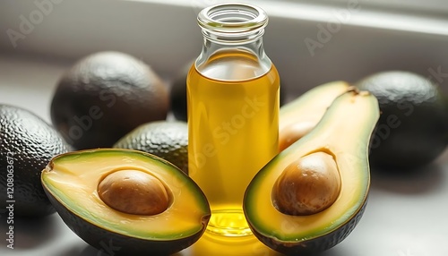 Pure Avocado Oil Bottle with Fresh Avocados photo