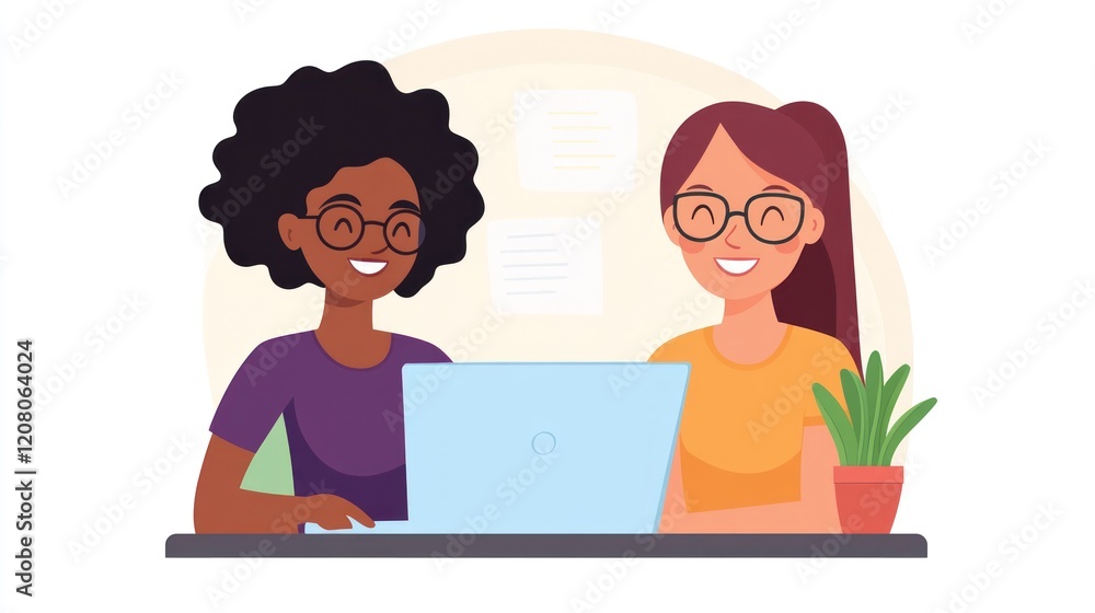 Two smiling women collaborating on a laptop together at their workspace Two smiling women collaborating on a laptop together at their workspace