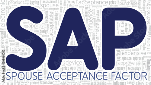SAP - Spouse Acceptance Factor word cloud conceptual design isolated on white background.